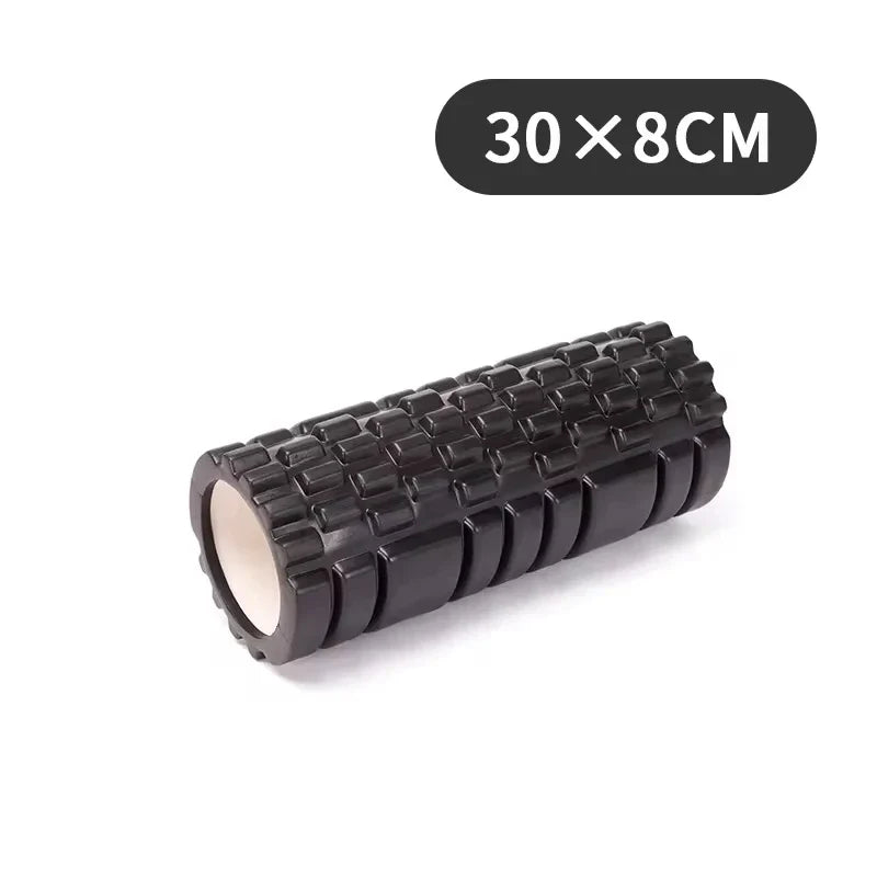 Fitness Pilates Foam Roller in purple used for back massage during workout. EVA material roller ideal for yoga and muscle recovery exercises.