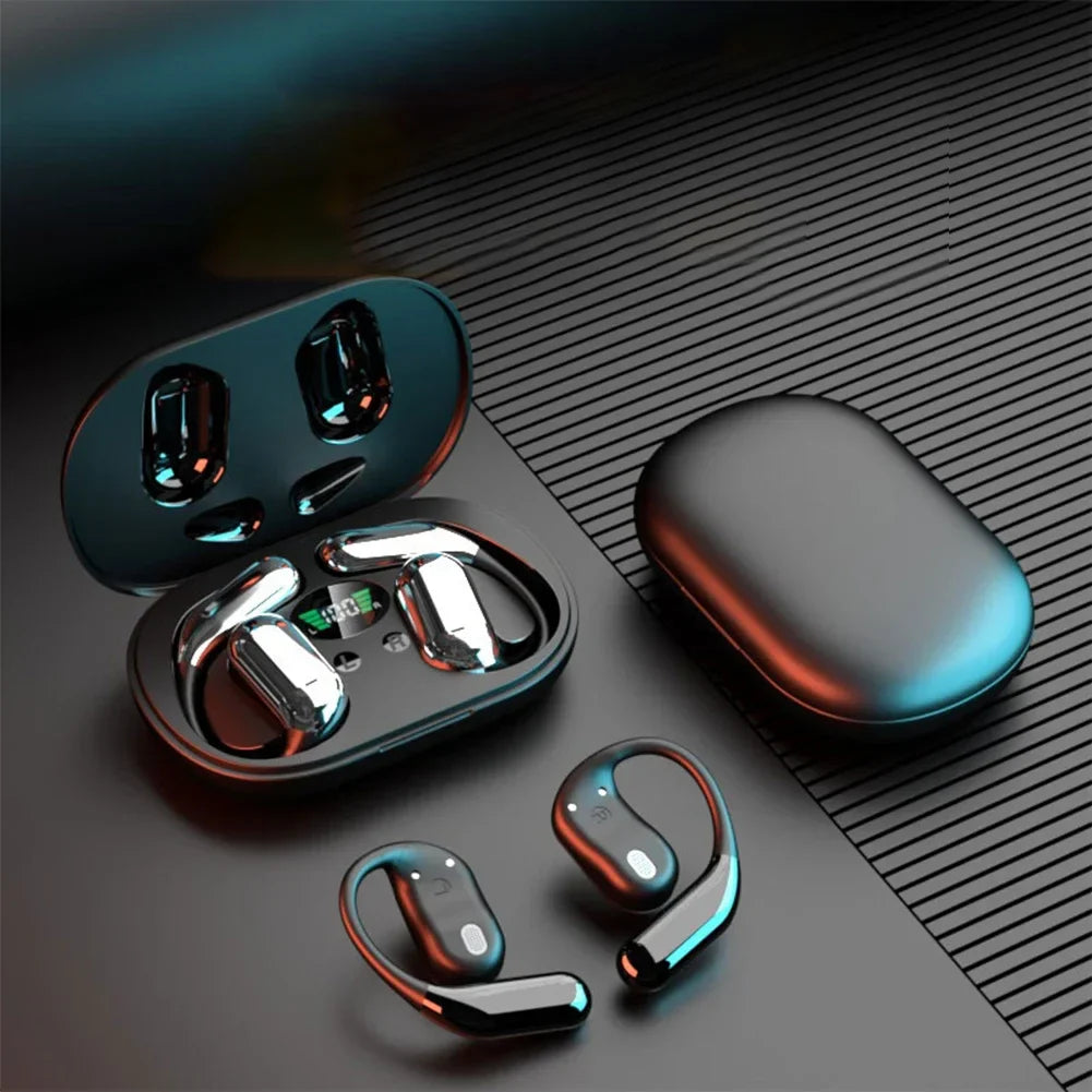 3-in-1 AI Translator Earbuds with wireless charging case shown on desk during a video call. Ideal for real-time translation and noise-cancelling use.