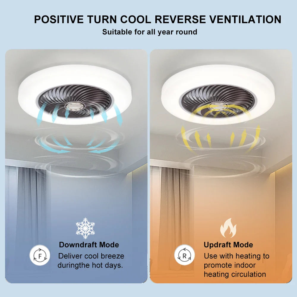 Remote Control Smart Ceiling Fan with integrated LED lights and bladeless design for modern home cooling and lighting. Features wireless smart control.