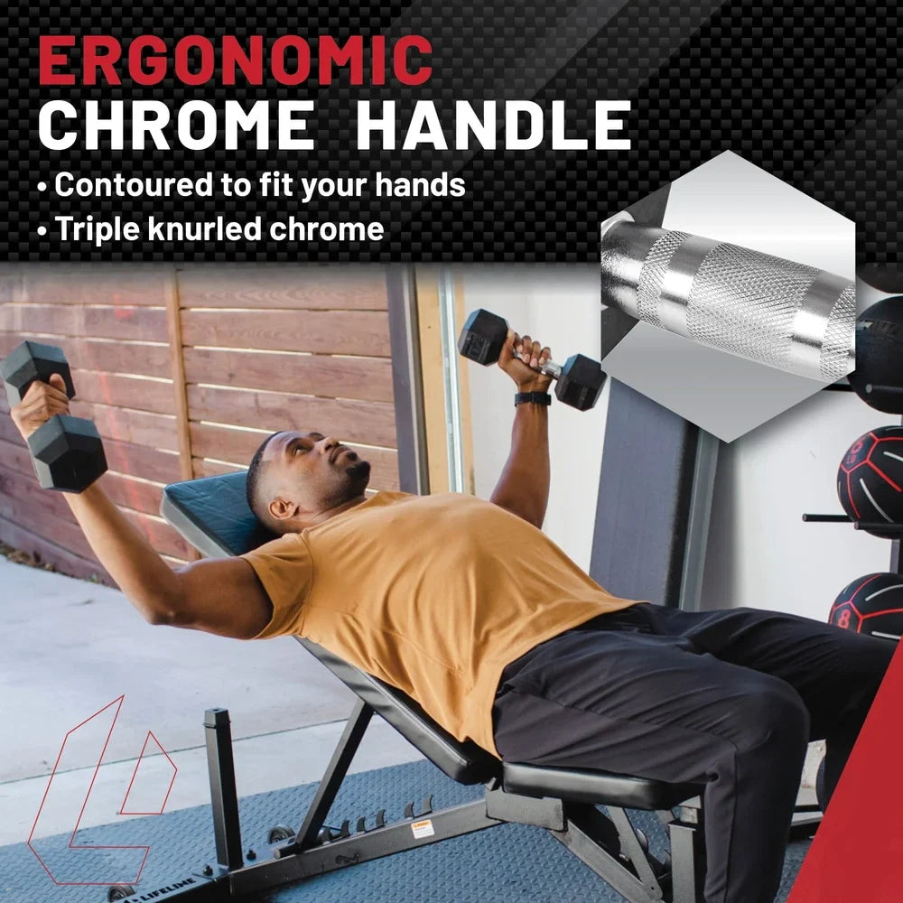 5lbs rubber coated ergonomic handle hex dumbbell with knurled chrome grip, ideal for strength training and home gym workouts.
