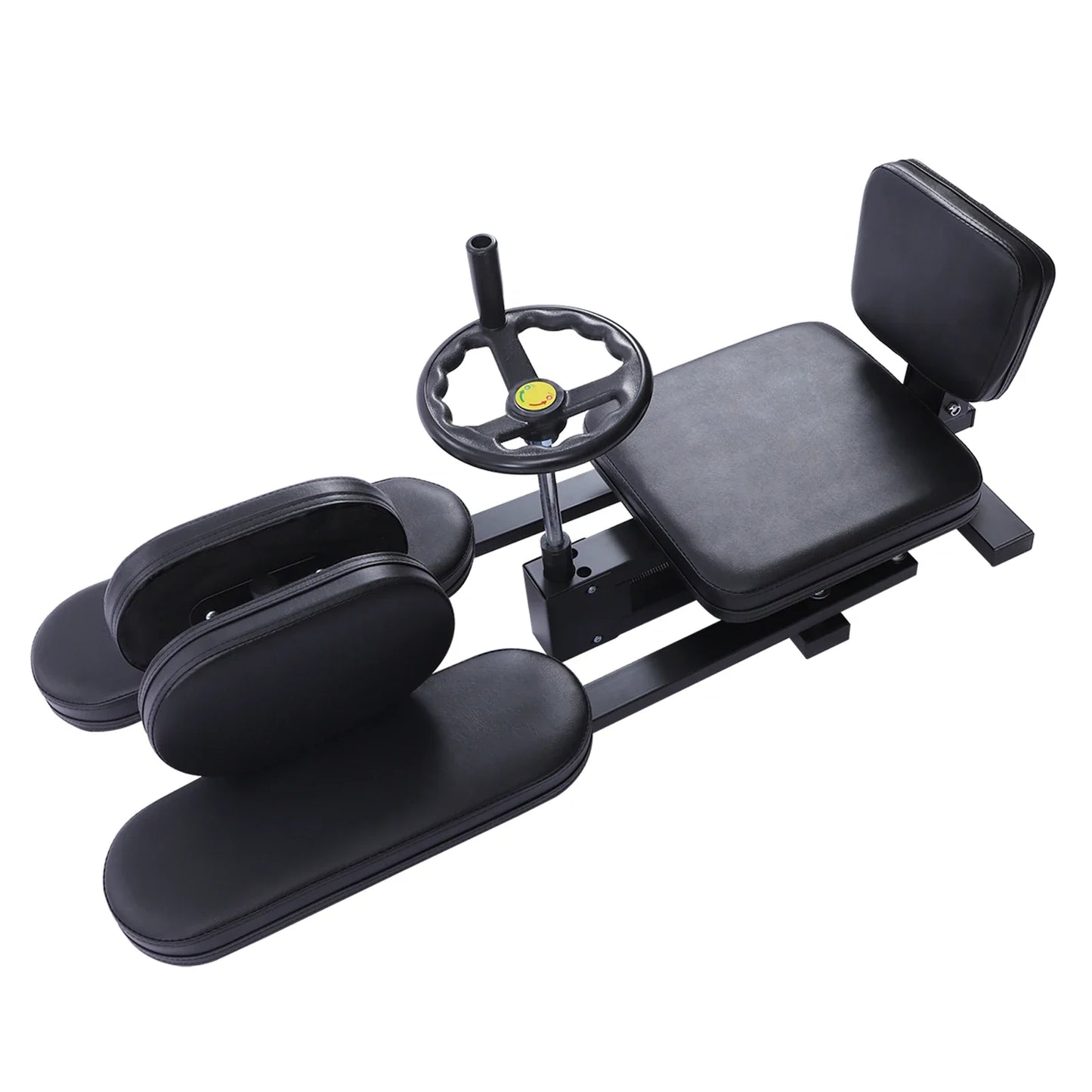 Heavy Duty Leg Stretcher Machine used by woman in full split position in gym setting. Ideal for improving flexibility and joint mobility.