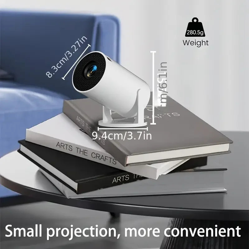 M5 Mini Portable Projector in sleek black design with compact cylindrical body and vivid lens, ideal for portable projection in any space.