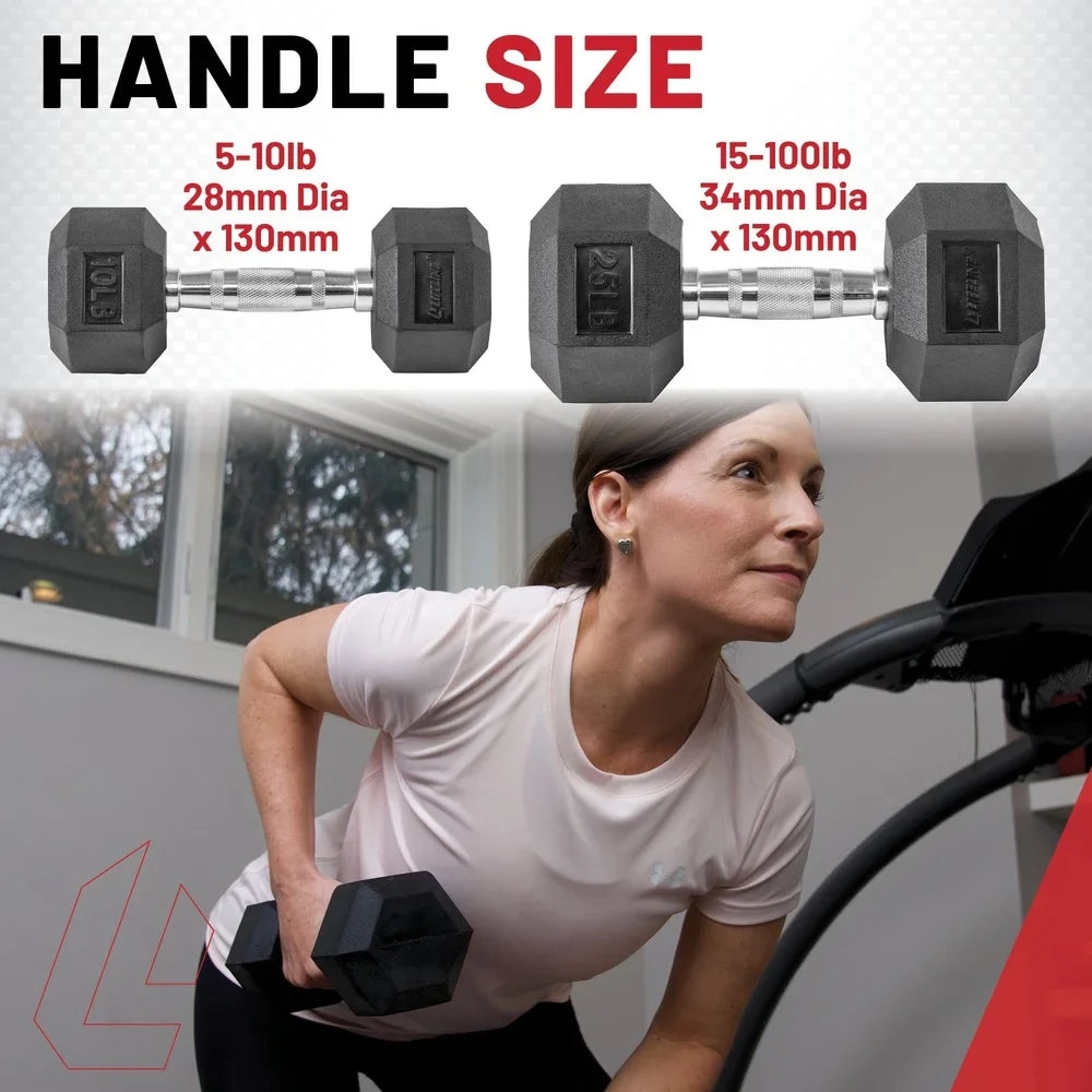 5lbs rubber coated ergonomic handle hex dumbbell with knurled chrome grip, ideal for strength training and home gym workouts.