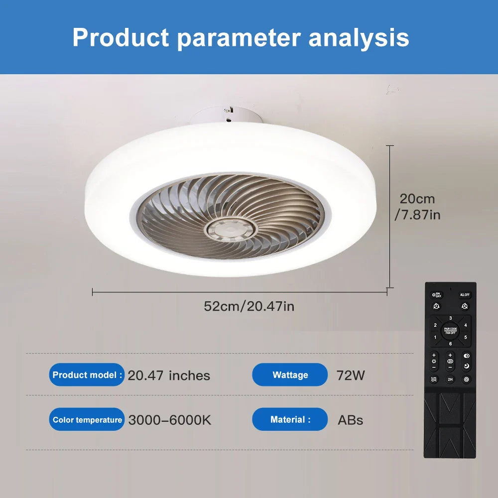Remote Control Smart Ceiling Fan with integrated LED lights and bladeless design for modern home cooling and lighting. Features wireless smart control.