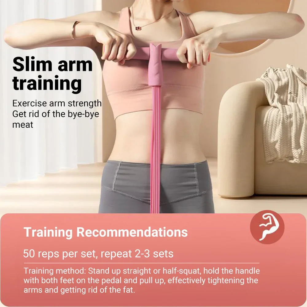 Resistance Bands Set - 6-Tube Bands in pink and gray with foot pedals and T-bar handle. Ideal for versatile strength training and home workouts.