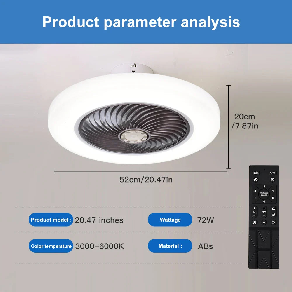 Remote Control Smart Ceiling Fan with integrated LED lights and bladeless design for modern home cooling and lighting. Features wireless smart control.