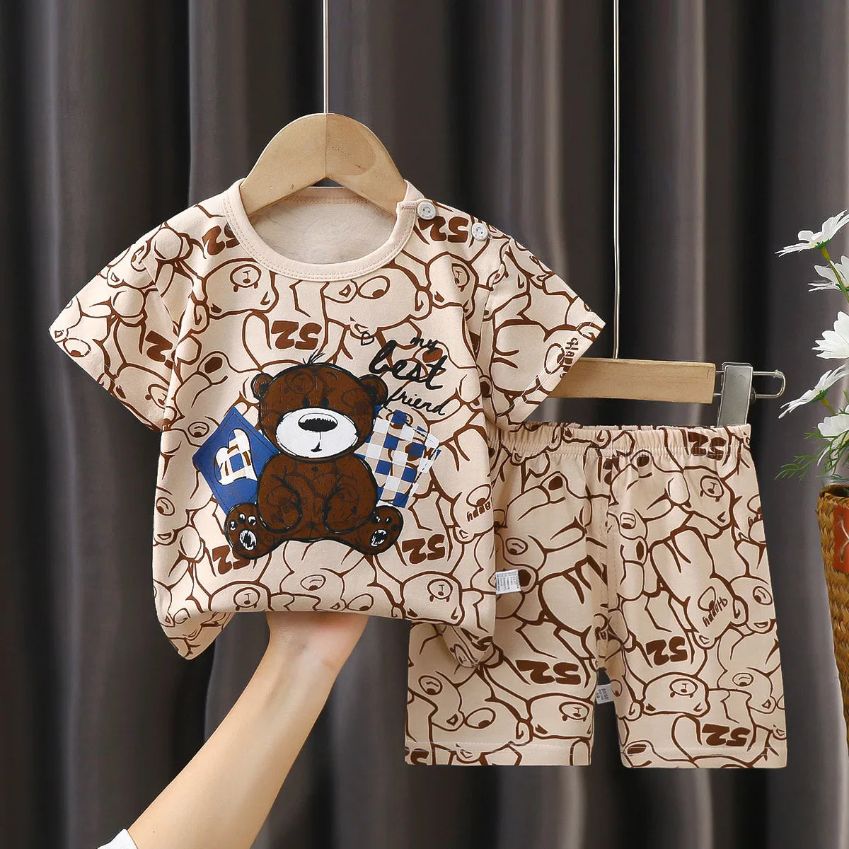 Kids Clothes 2 Piece Set - Cartoon Casual Kids featuring Donald Duck print, yellow t-shirt and blue shorts, ideal for playful comfort and style.