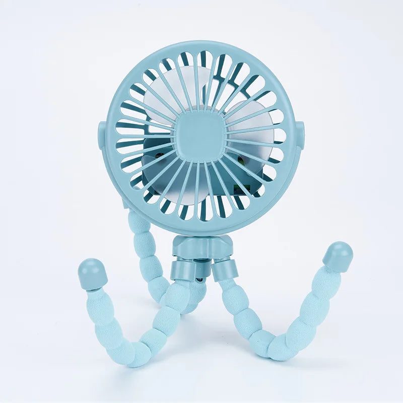 USB Rechargeable Handheld Electric Fan with flexible tripod legs and LED light, ideal for portable cooling on desks or travel use.