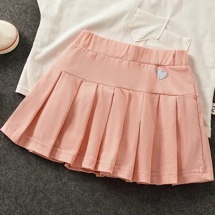 Uniform Culottes Skirts - Pleated All-Match in gray, black, white, pink, and blue with heart embroidery. Stylish and versatile for school or work.