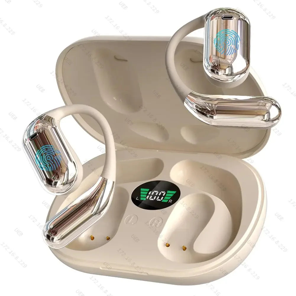 3-in-1 AI Translator Earbuds with wireless charging case shown on desk during a video call. Ideal for real-time translation and noise-cancelling use.