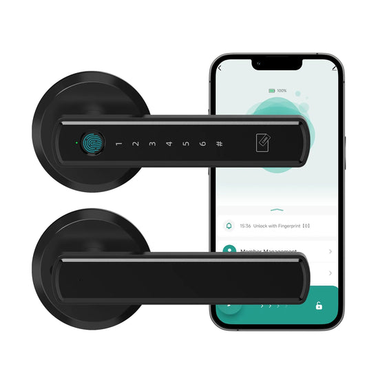 Fingerprint Door Smart Lock with sleek black handle design and app control interface displayed on smartphone screen. Enhances home security and convenience.
