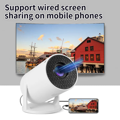 M5 Mini Portable Projector in sleek black design with compact cylindrical body and vivid lens, ideal for portable projection in any space.