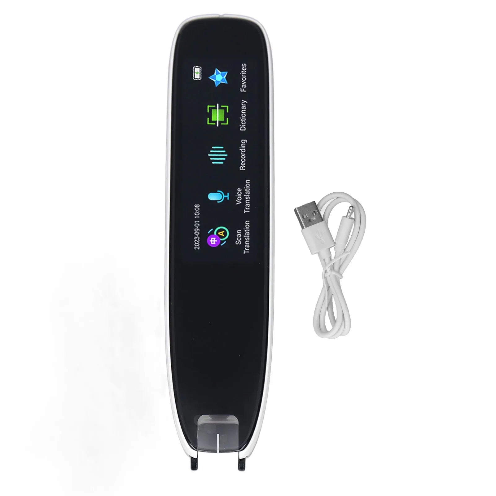 Smart Voice Translator Reader Scanner Pen scanning Chinese text from a book, displaying translation and dictionary features on screen. Ideal for multilingual reading and learning.