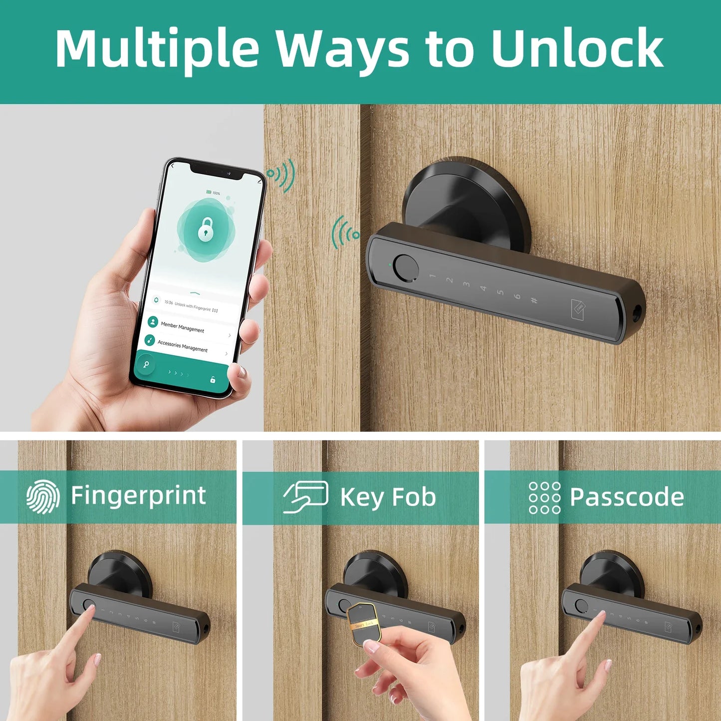 Fingerprint Door Smart Lock with sleek black handle design and app control interface displayed on smartphone screen. Enhances home security and convenience.