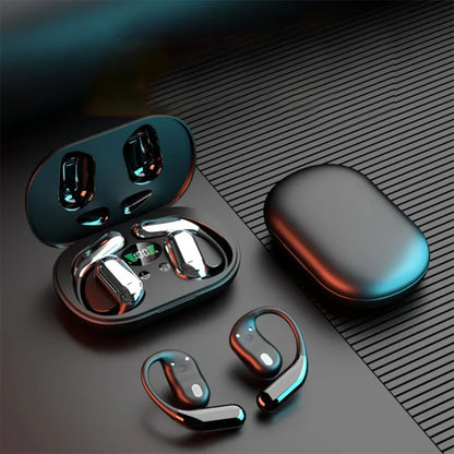 3-in-1 AI Translator Earbuds with wireless charging case shown on desk during a video call. Ideal for real-time translation and noise-cancelling use.