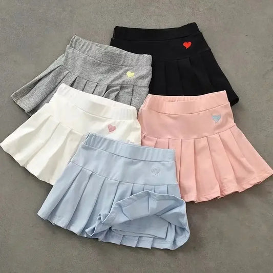 Uniform Culottes Skirts - Pleated All-Match in gray, black, white, pink, and blue with heart embroidery. Stylish and versatile for school or work.