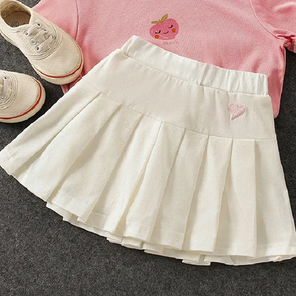 Uniform Culottes Skirts - Pleated All-Match in gray, black, white, pink, and blue with heart embroidery. Stylish and versatile for school or work.