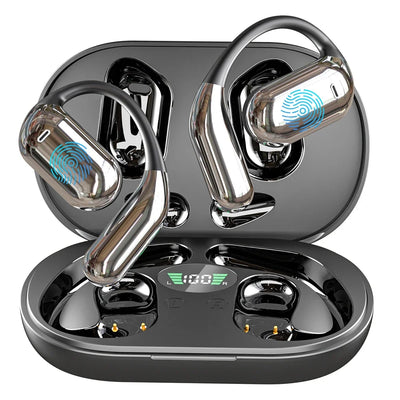 3-in-1 AI Translator Earbuds with wireless charging case shown on desk during a video call. Ideal for real-time translation and noise-cancelling use.