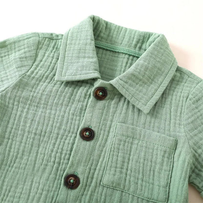 Solid short sleeve pocket button down lapel shirt and shorts set for babies in white, blue, and beige. Soft breathable fabric ideal for toddlers.