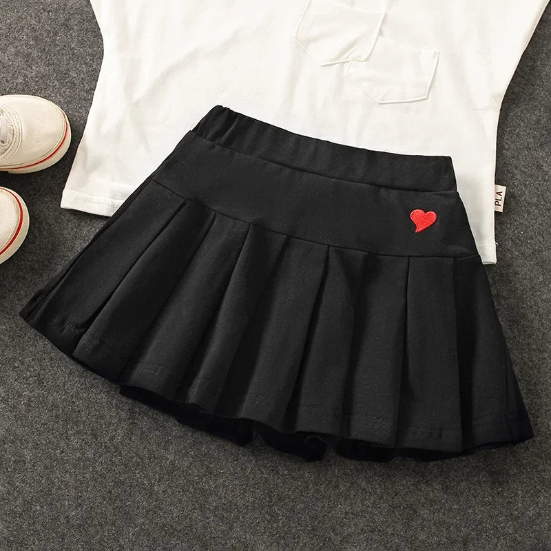 Uniform Culottes Skirts - Pleated All-Match in gray, black, white, pink, and blue with heart embroidery. Stylish and versatile for school or work.