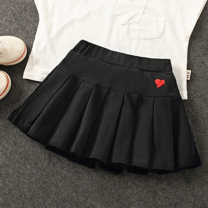 Uniform Culottes Skirts - Pleated All-Match in gray, black, white, pink, and blue with heart embroidery. Stylish and versatile for school or work.