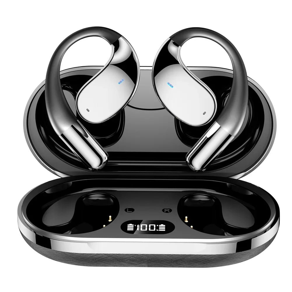 3-in-1 AI Translator Earbuds with wireless charging case shown on desk during a video call. Ideal for real-time translation and noise-cancelling use.