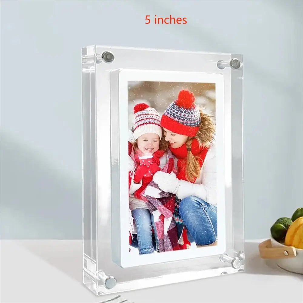 Acrylic Photo Frame - Type C Video Upload displays a winter photo of a mother and child. Clear digital frame with 480x854 IPS screen for vivid playback.