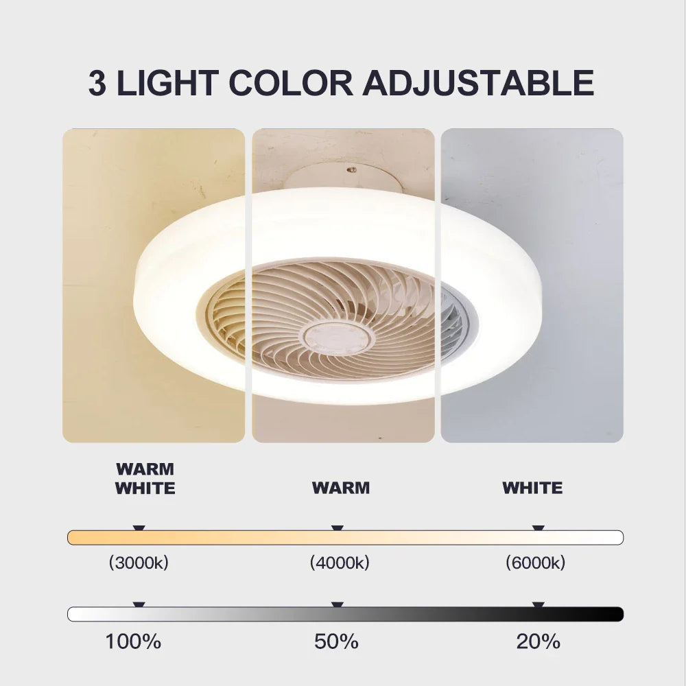 Remote Control Smart Ceiling Fan with integrated LED lights and bladeless design for modern home cooling and lighting. Features wireless smart control.