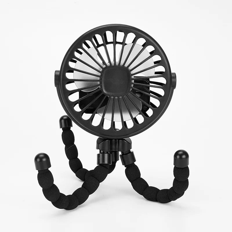 USB Rechargeable Handheld Electric Fan with flexible tripod legs and LED light, ideal for portable cooling on desks or travel use.