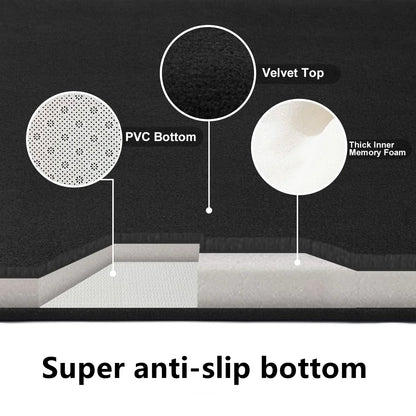 Anti-slip Bathroom Floor Mat in gray with plush texture, shown under bare feet for comfort and safety on wet bathroom floors.