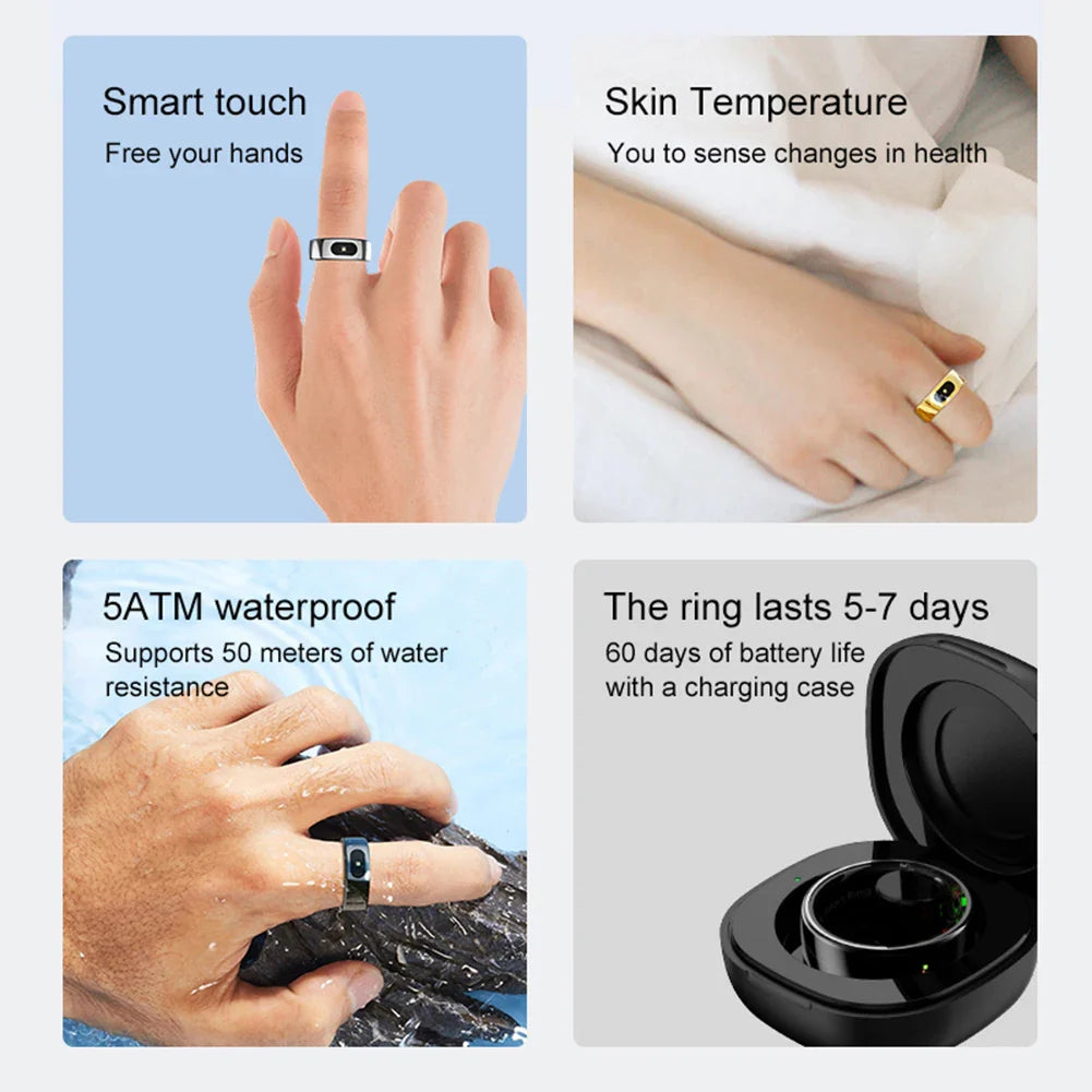 Gold Sports Fitness Tracker Ring with smart sensor, designed for daily activity tracking including steps, distance, and calories burned. Ideal for women’s fitness.