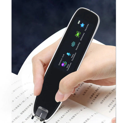 Smart Voice Translator Reader Scanner Pen scanning Chinese text from a book, displaying translation and dictionary features on screen. Ideal for multilingual reading and learning.