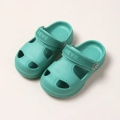 Non-slip soft beach sandals in yellow, teal, pink, and mint green with breathable hole design, ideal for summer wear for men and women.