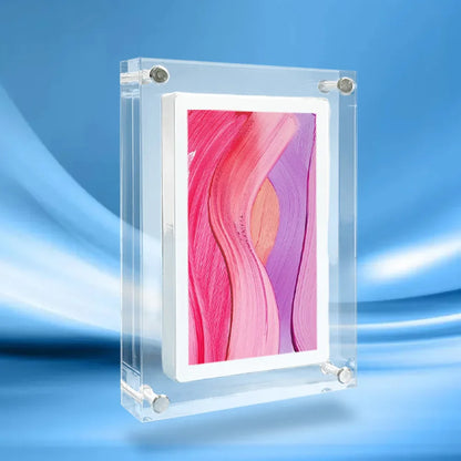 Acrylic Photo Frame - Type C Video Upload displays a winter photo of a mother and child. Clear digital frame with 480x854 IPS screen for vivid playback.