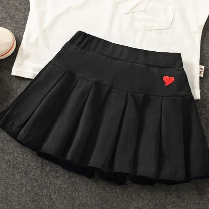 Uniform Culottes Skirts - Pleated All-Match in gray, black, white, pink, and blue with heart embroidery. Stylish and versatile for school or work.