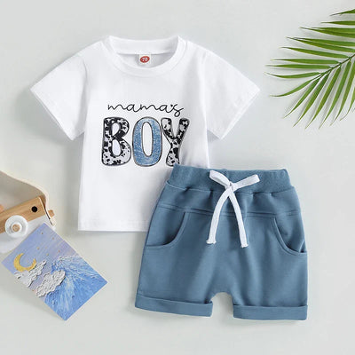 Cotton Short Sleeve Print T-shirts + Elastic Shorts set for toddlers featuring 'Mama's Boy' text and blue drawstring shorts. Ideal for 0-3 years.