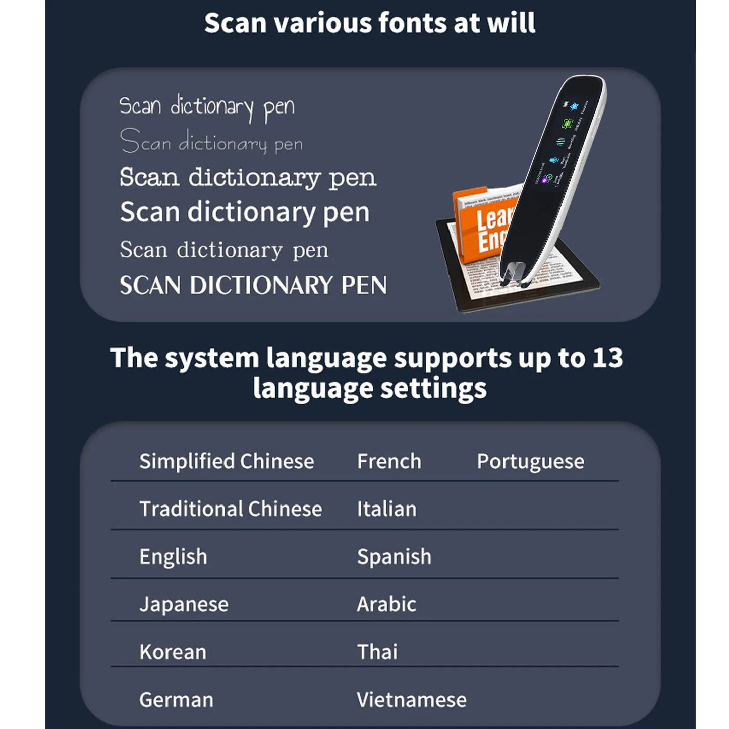 Smart Voice Translator Reader Scanner Pen scanning Chinese text from a book, displaying translation and dictionary features on screen. Ideal for multilingual reading and learning.