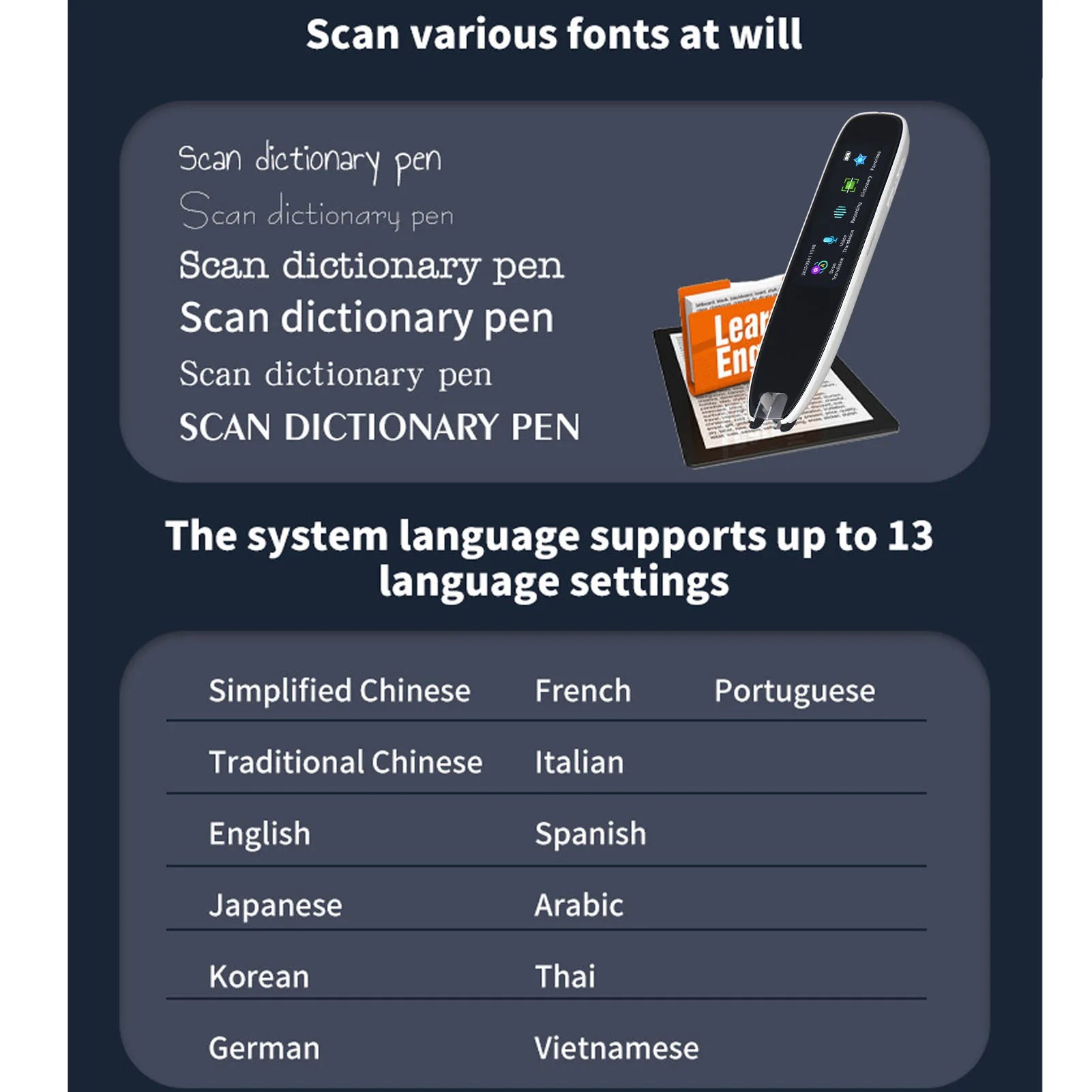 Smart Voice Translator Reader Scanner Pen scanning Chinese text from a book, displaying translation and dictionary features on screen. Ideal for multilingual reading and learning.
