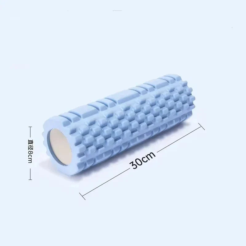 Fitness Pilates Foam Roller in purple used for back massage during workout. EVA material roller ideal for yoga and muscle recovery exercises.