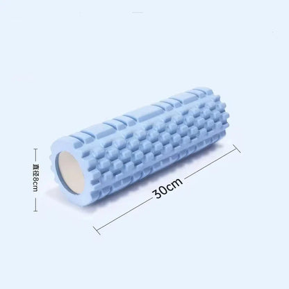 Fitness Pilates Foam Roller in purple used for back massage during workout. EVA material roller ideal for yoga and muscle recovery exercises.