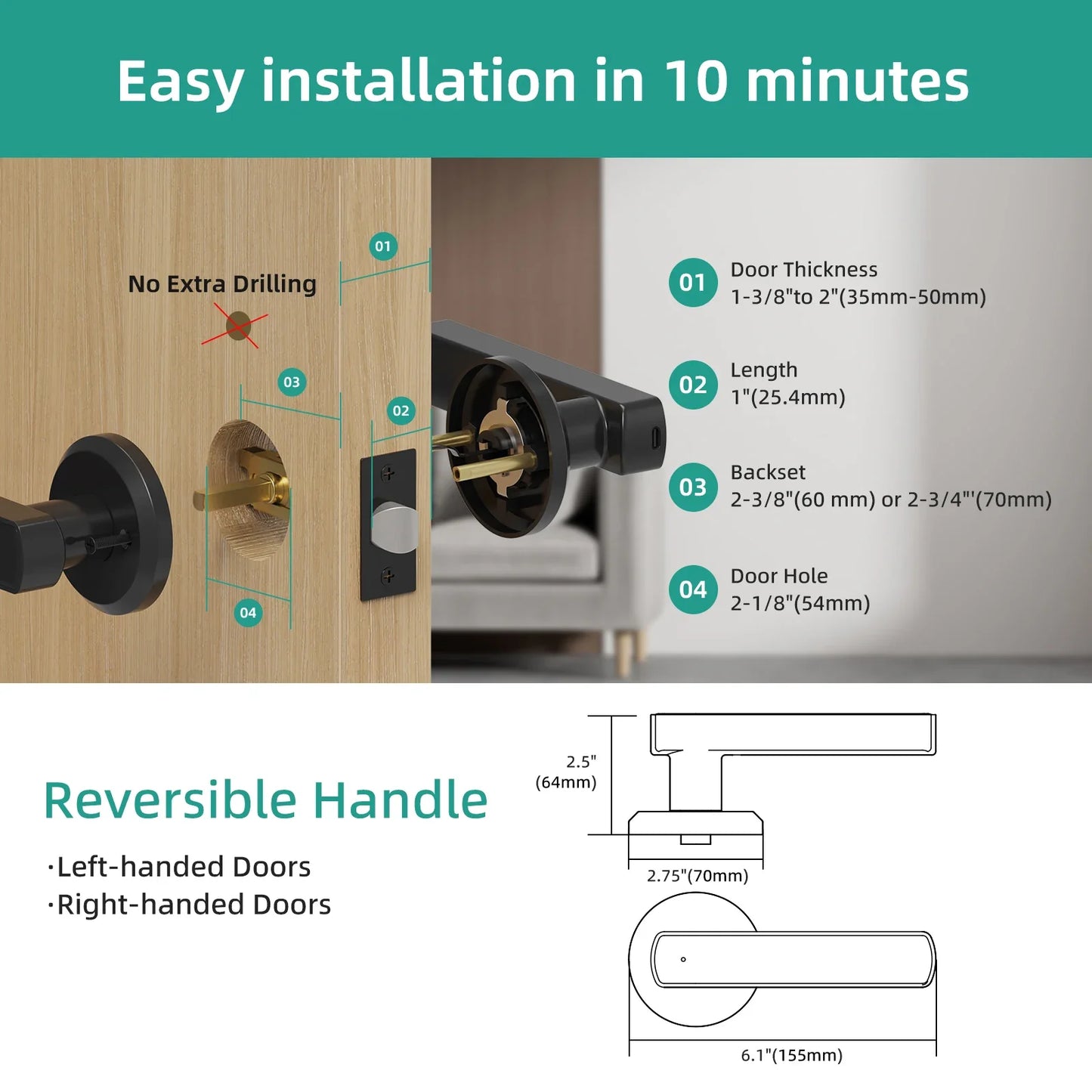 Fingerprint Door Smart Lock with sleek black handle design and app control interface displayed on smartphone screen. Enhances home security and convenience.