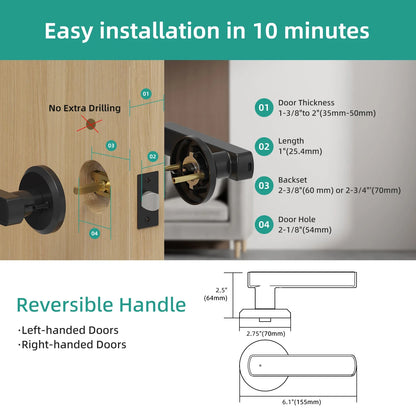 Fingerprint Door Smart Lock with sleek black handle design and app control interface displayed on smartphone screen. Enhances home security and convenience.