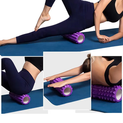 Fitness Pilates Foam Roller in purple used for back massage during workout. EVA material roller ideal for yoga and muscle recovery exercises.