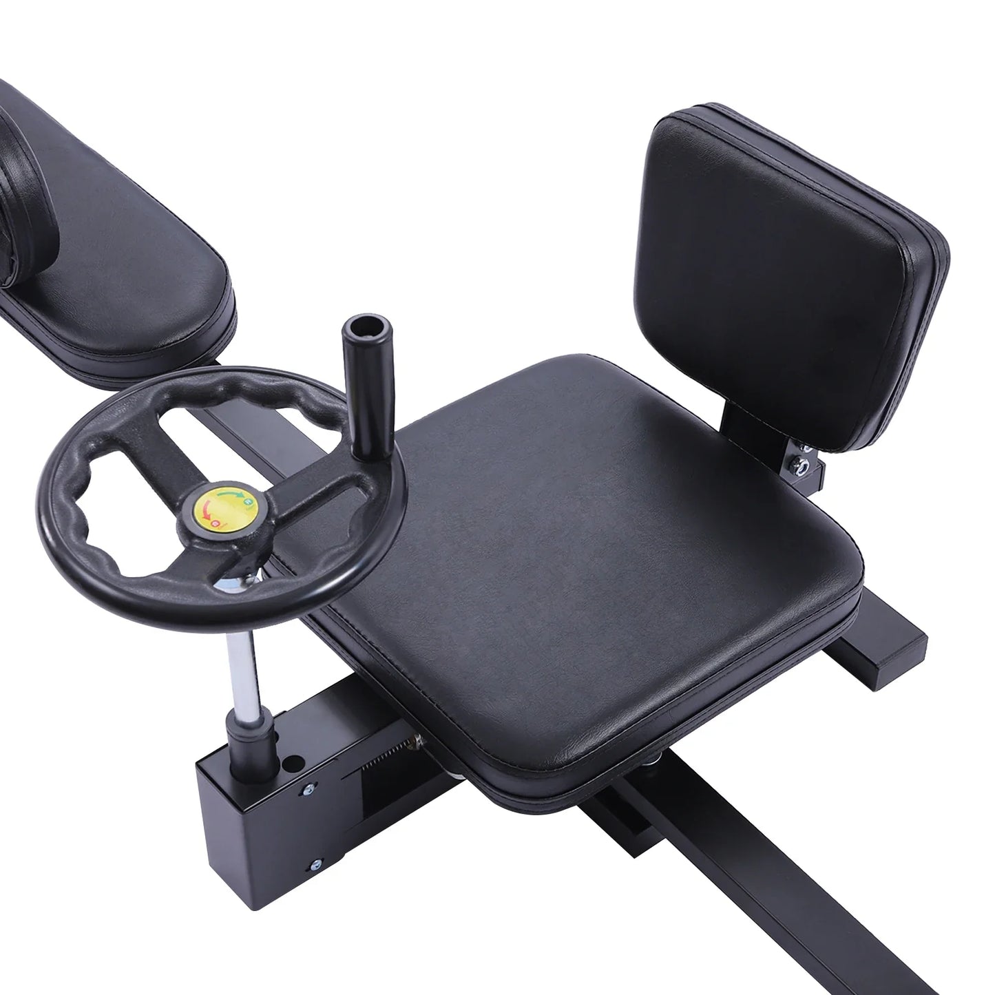 Heavy Duty Leg Stretcher Machine used by woman in full split position in gym setting. Ideal for improving flexibility and joint mobility.