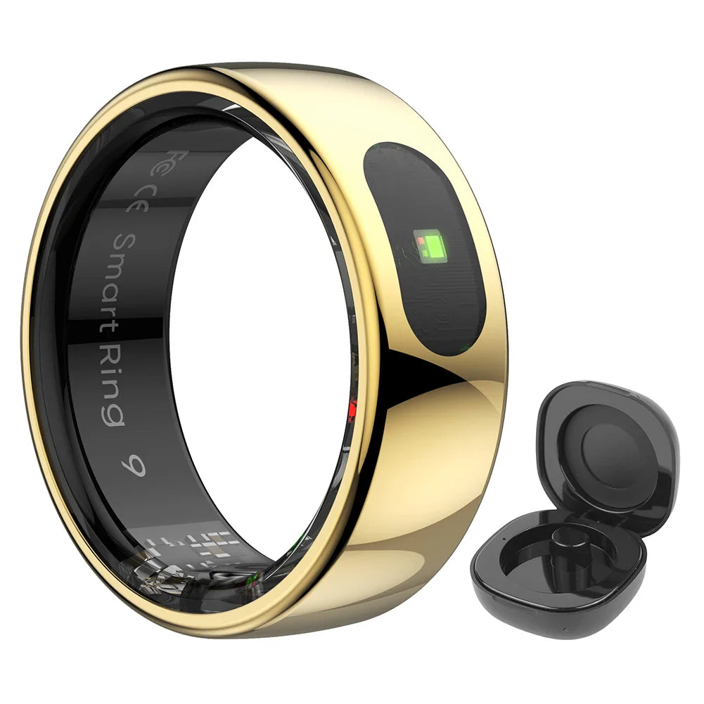 Gold Sports Fitness Tracker Ring with smart sensor, designed for daily activity tracking including steps, distance, and calories burned. Ideal for women’s fitness.
