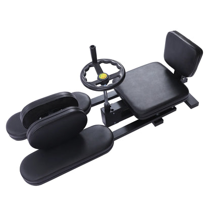 Heavy Duty Leg Stretcher Machine used by woman in full split position in gym setting. Ideal for improving flexibility and joint mobility.