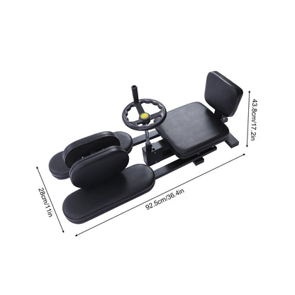 Heavy Duty Leg Stretcher Machine used by woman in full split position in gym setting. Ideal for improving flexibility and joint mobility.