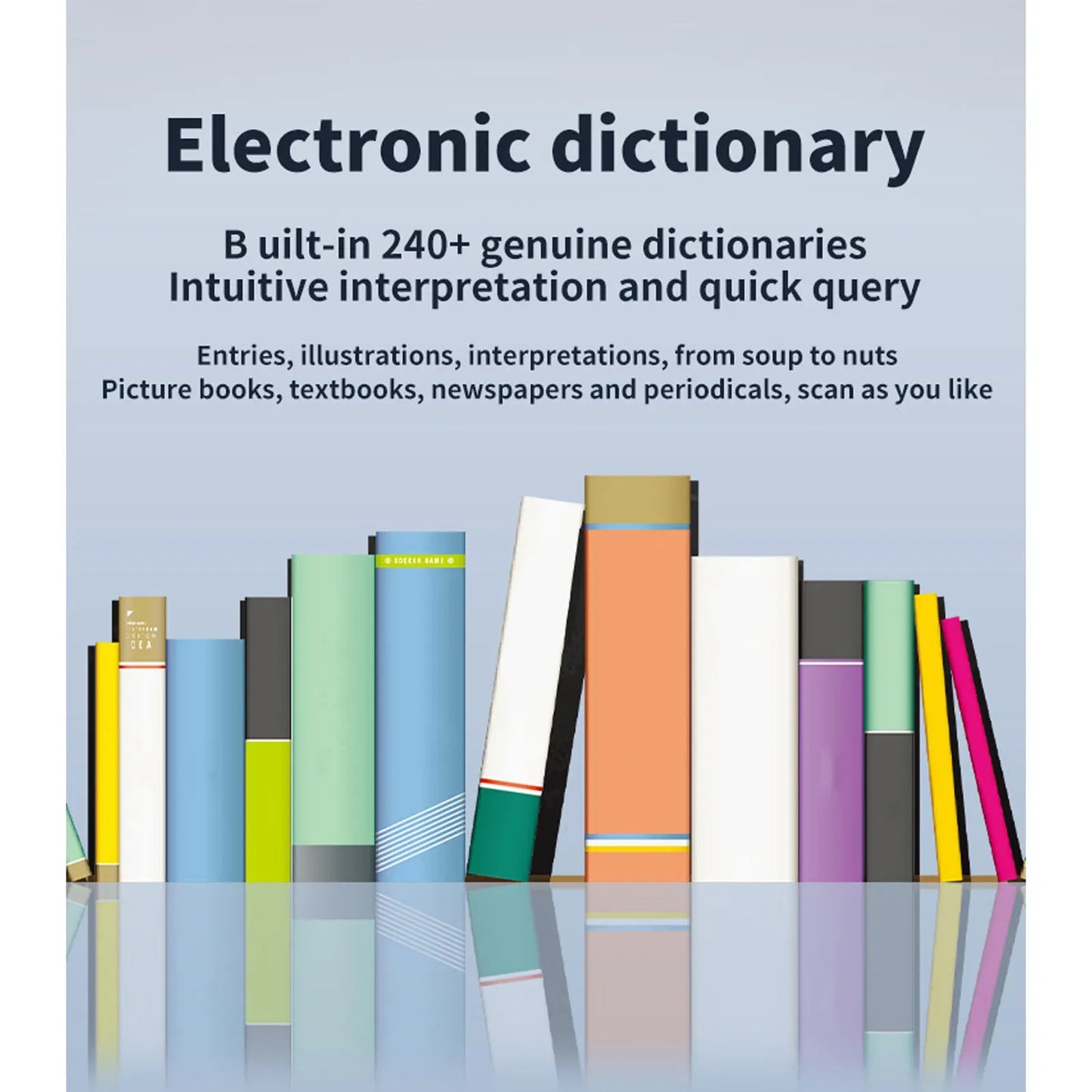Smart Voice Translator Reader Scanner Pen scanning Chinese text from a book, displaying translation and dictionary features on screen. Ideal for multilingual reading and learning.