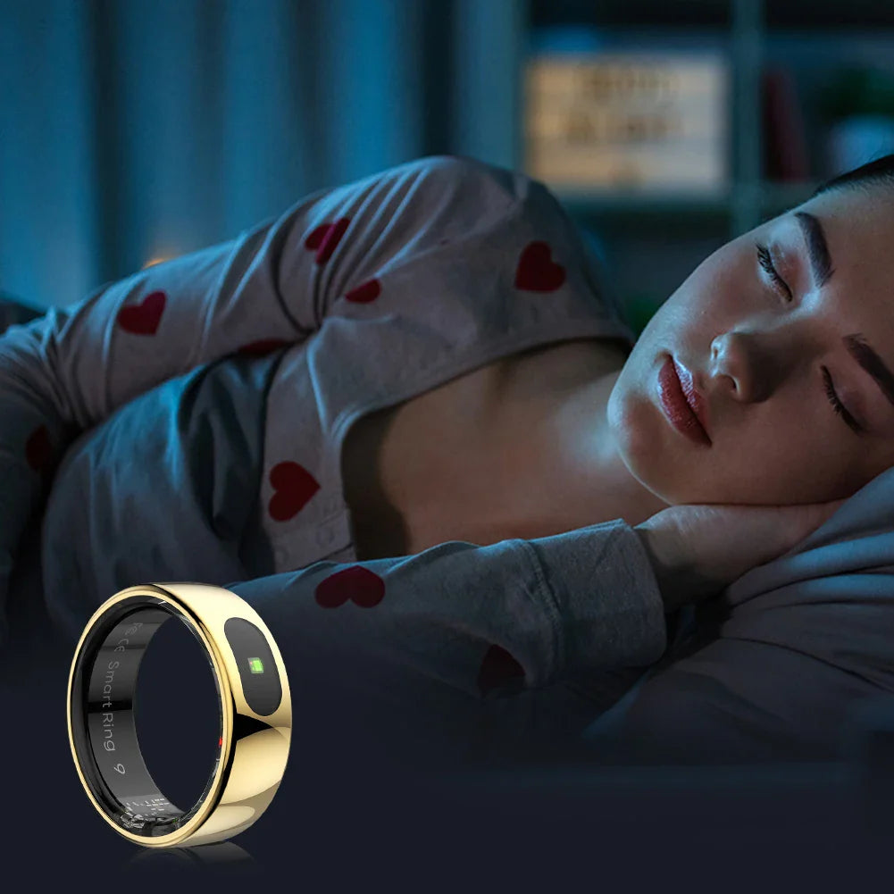 Gold Sports Fitness Tracker Ring with smart sensor, designed for daily activity tracking including steps, distance, and calories burned. Ideal for women’s fitness.