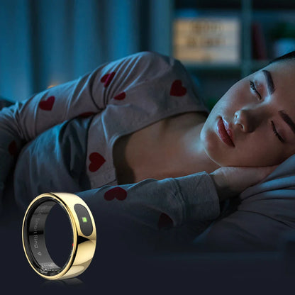 Gold Sports Fitness Tracker Ring with smart sensor, designed for daily activity tracking including steps, distance, and calories burned. Ideal for women’s fitness.